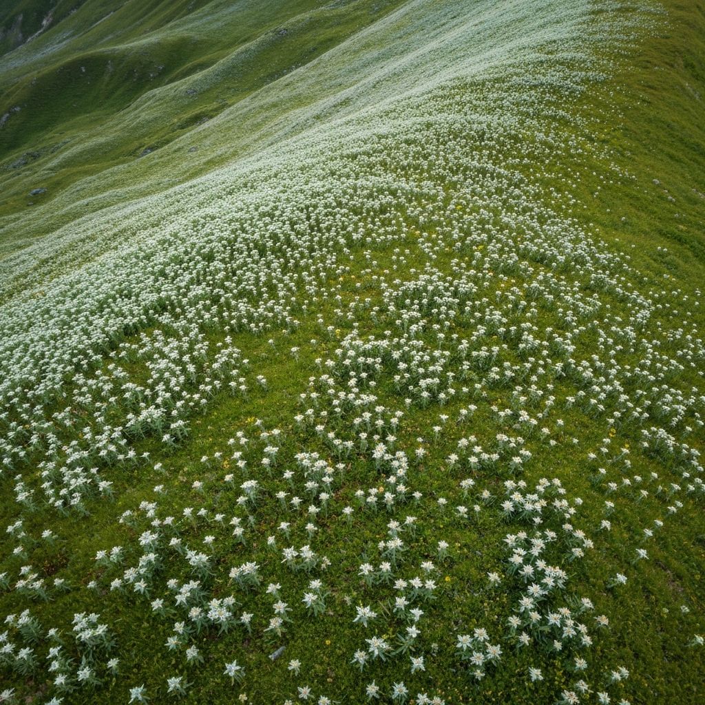 Alpine edelweiss flowers in natural mountain meadow