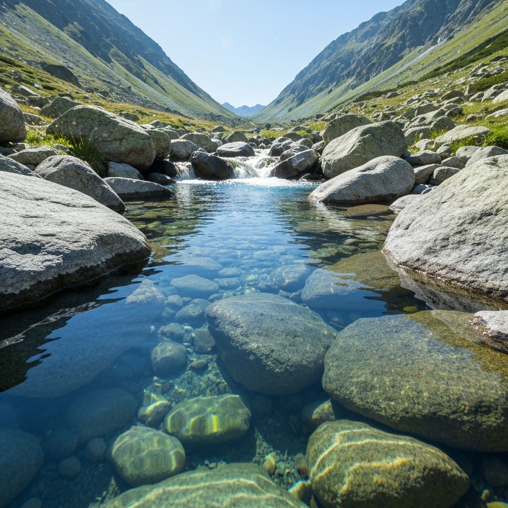 Pure alpine spring water flowing over mountain stones